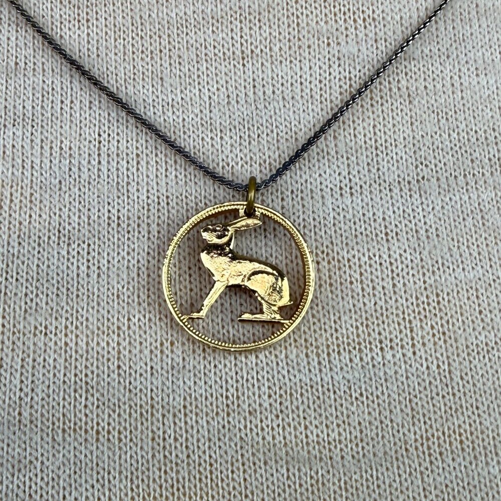 Ireland Rabbit Cut Coin Pendant Necklace  Pence coin Gold Tone 17"